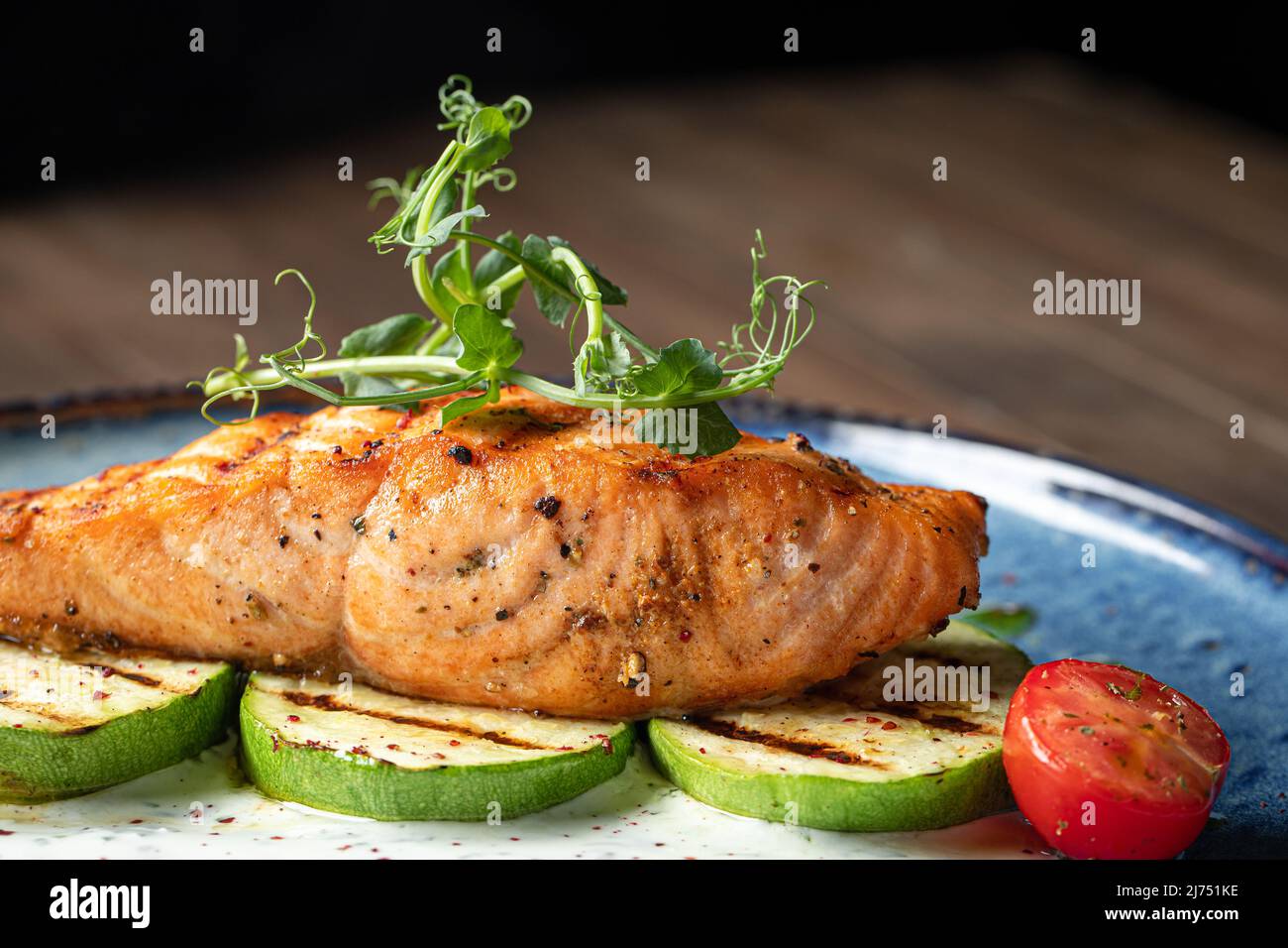Grilled salmon steak with zucchini Stock Photo Alamy