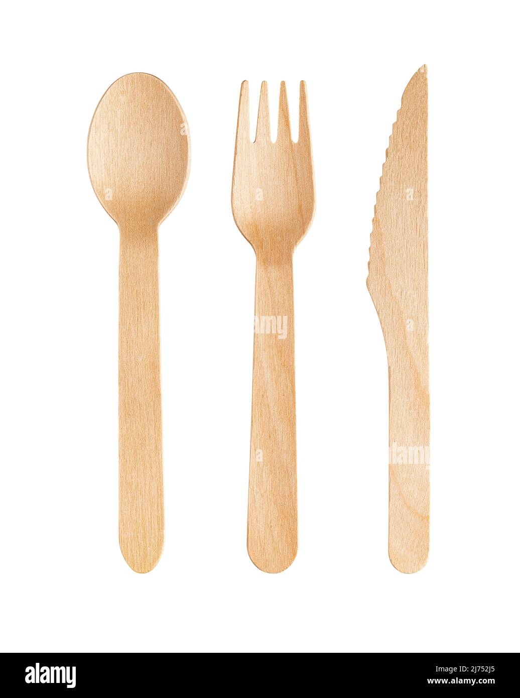 Disposable wooden cutlery on a white background. Environmentally