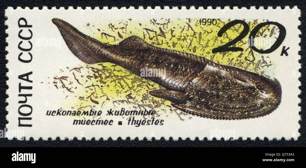 A postage stamp shows a image of Thyestes underwater, seria Fossil animals, USSR 1987 Stock Photo