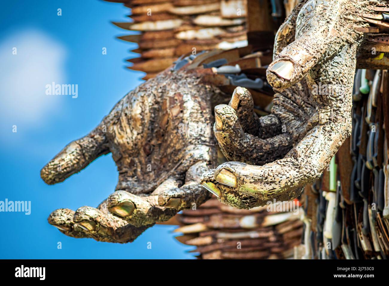 Northampton, UK - May 5, 2022: Knife Angel sculpture displayed outside The Parish Church Of All Saints Stock Photo