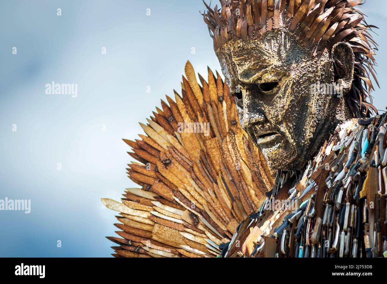 Northampton, UK - May 5, 2022: Knife angel sculpture made from 100,000 blades that were confiscated or handed in across the UK to police, displayed ou Stock Photo