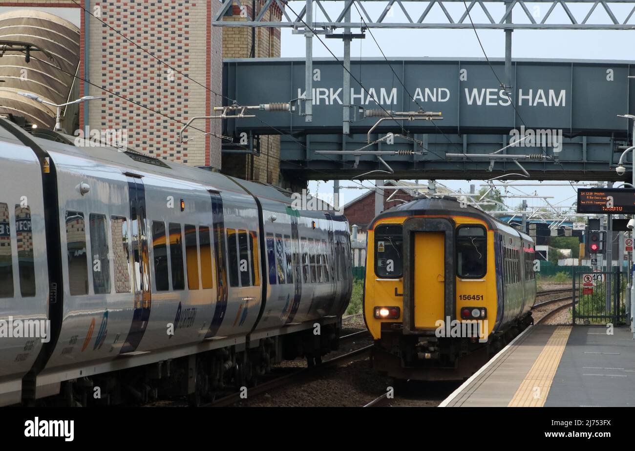 Northern trains civity electric multiple unit and super sprinter diesel multiple unit at Kirkham and Wesham railway station 5th May 2022. Stock Photo