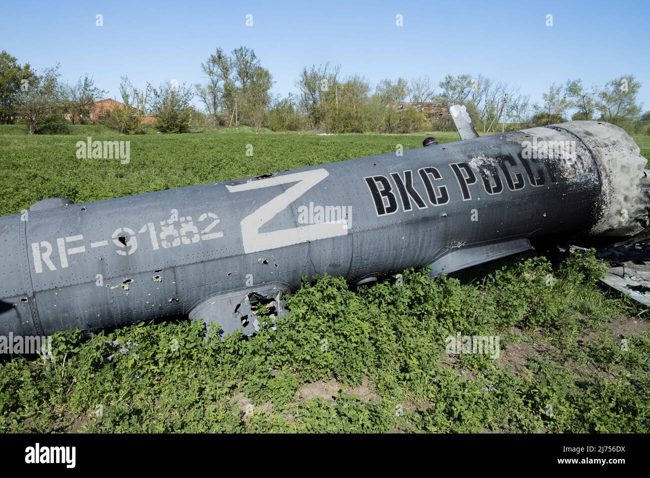 A Russian Helicopter shot down in Malaya Rohan, near Kharkiv, Ukraine, on May 5, 2022. Russian military forces entered Ukraine territory on Feb. 24, 2022. (Photo by Collin Mayfield/Sipa USA) Stock Photo