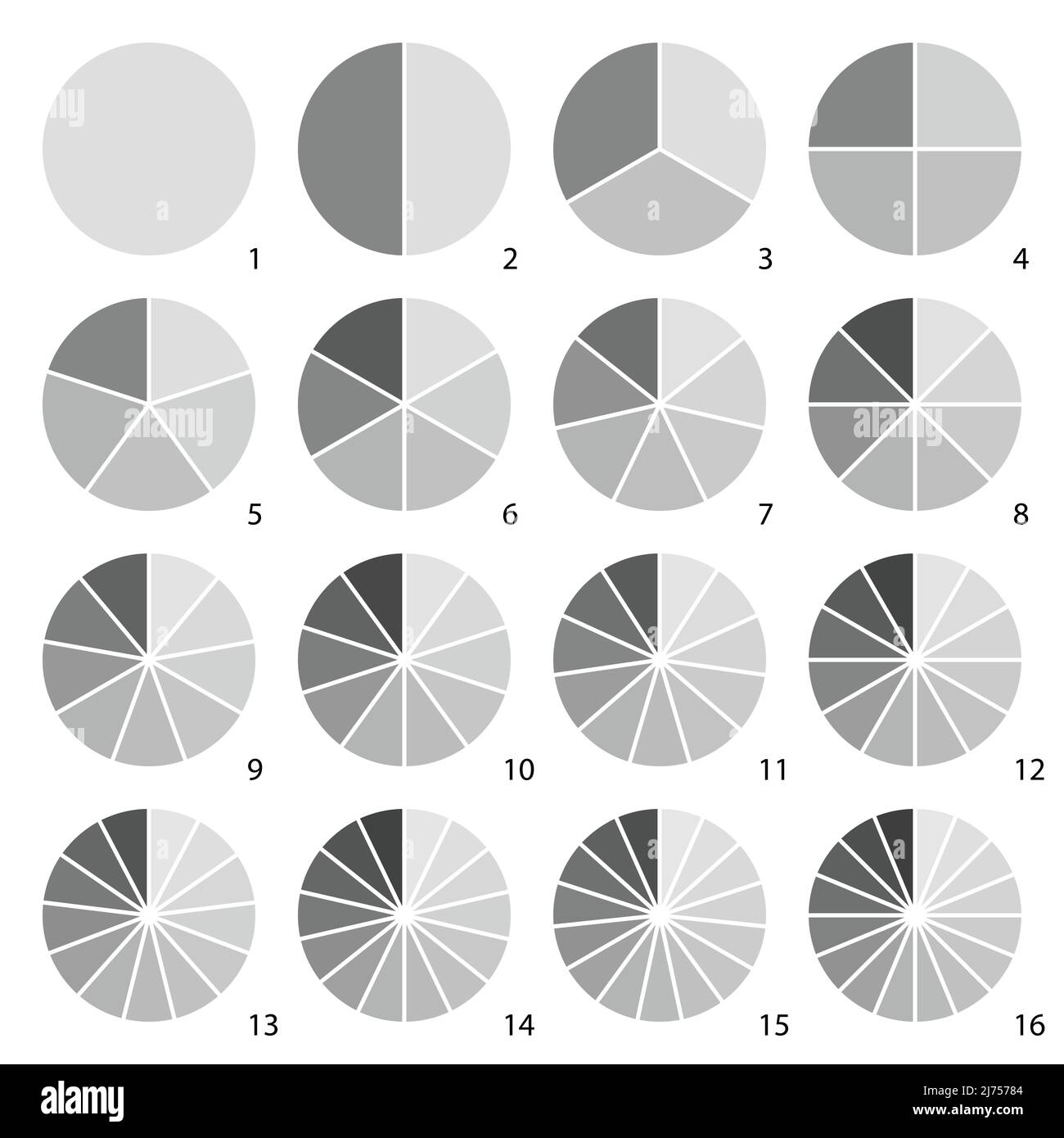 Set of grey round graphic pie charts icons. Segment of circle infographic collection Stock Vector