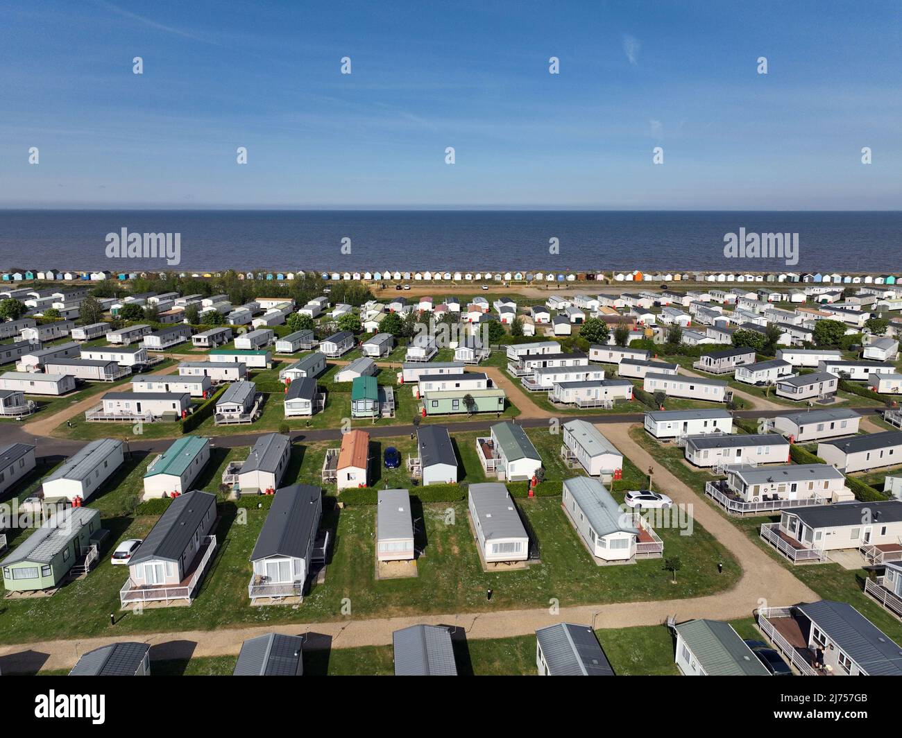 Lovely blue skies over the caravan parks, n a sunny morning in Heacham, Norfolk, UK, on May 5, 2022. Stock Photo