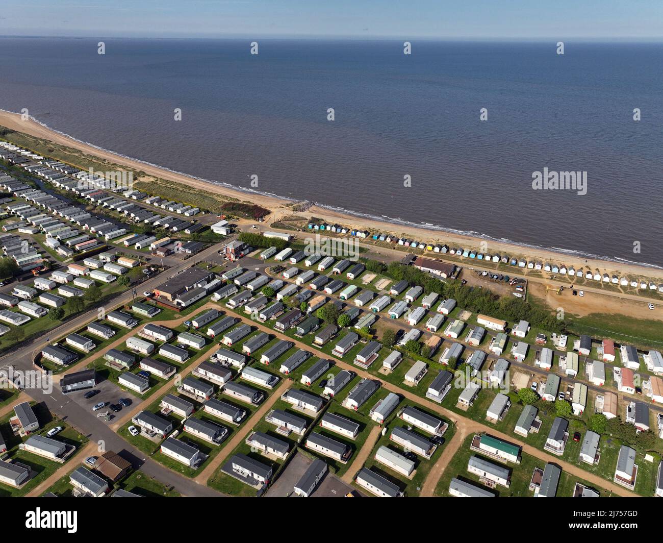 Lovely blue skies over the caravan parks, on a sunny morning in Heacham, Norfolk, UK, on May 5, 2022. Stock Photo