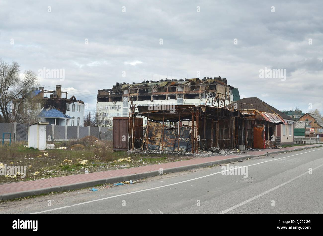 Myla village, Kyiv region, Ukraine - Apr 11, 2022: Buildings and houses near the Zhytomyr highway were destroyed and burned by russian occupiers. Stock Photo