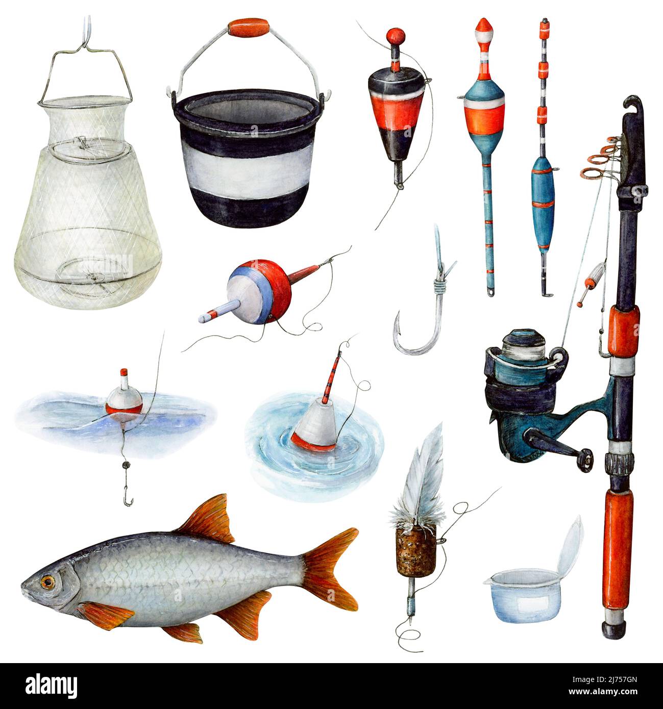 A set of fishing items for catching fish with a line and hook Stock
