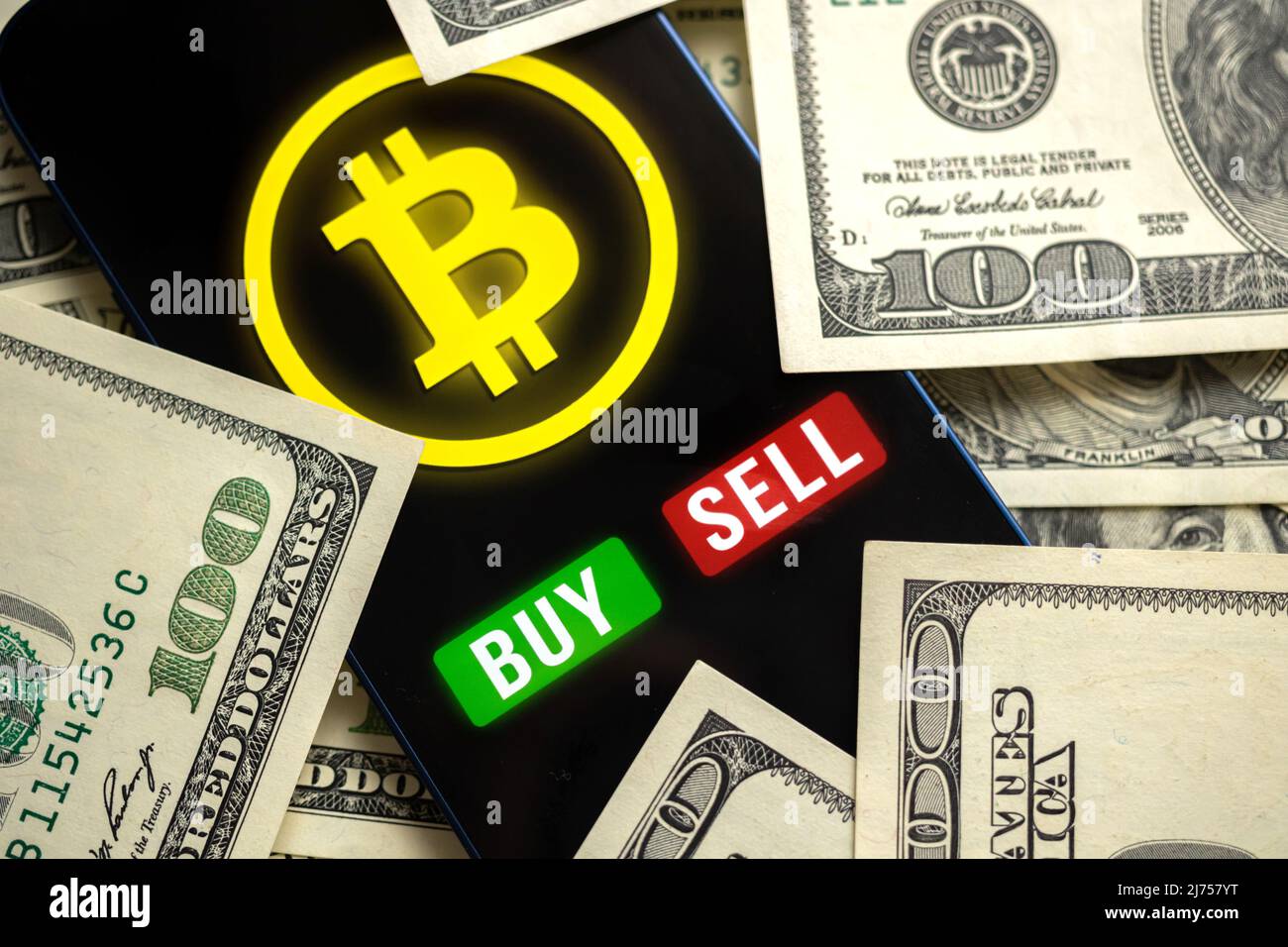 Bitcoin trading concept. Mobile phone application for cryptocurrency. Buy  and sell new virtual money. Money dollars background, financial investment  Stock Photo - Alamy