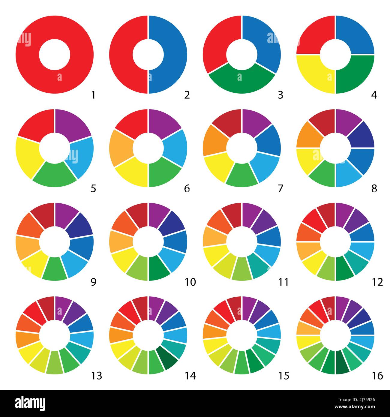 Set of colorful round graphic pie charts icons. Segment of circle infographic collection Stock Vector