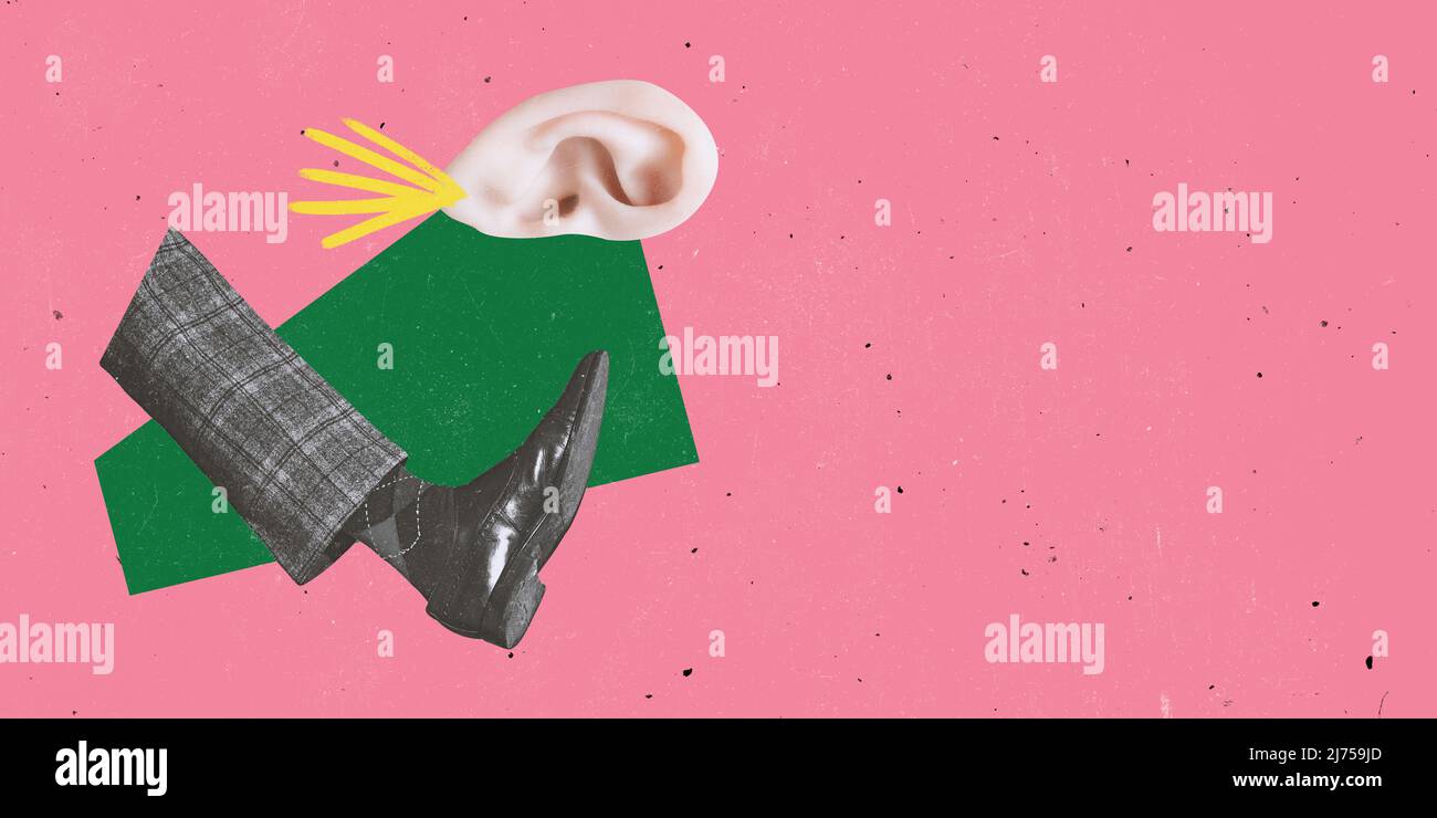 Contemporary art collage. Male leg kicking human ear isolated over pink ...