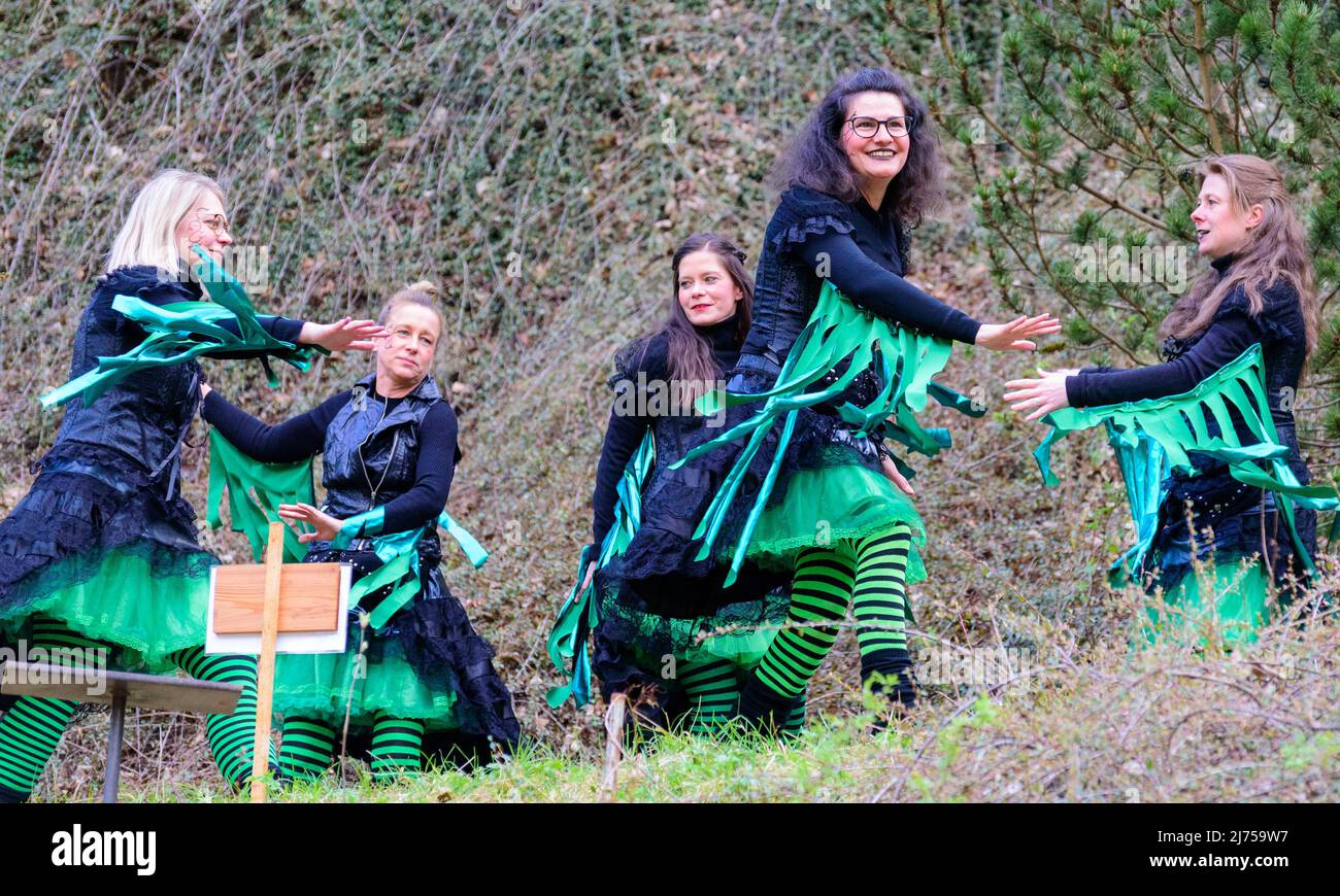 Witches performing dance for Walpurgis Night, Harz Mountains, Germany Stock Photo
