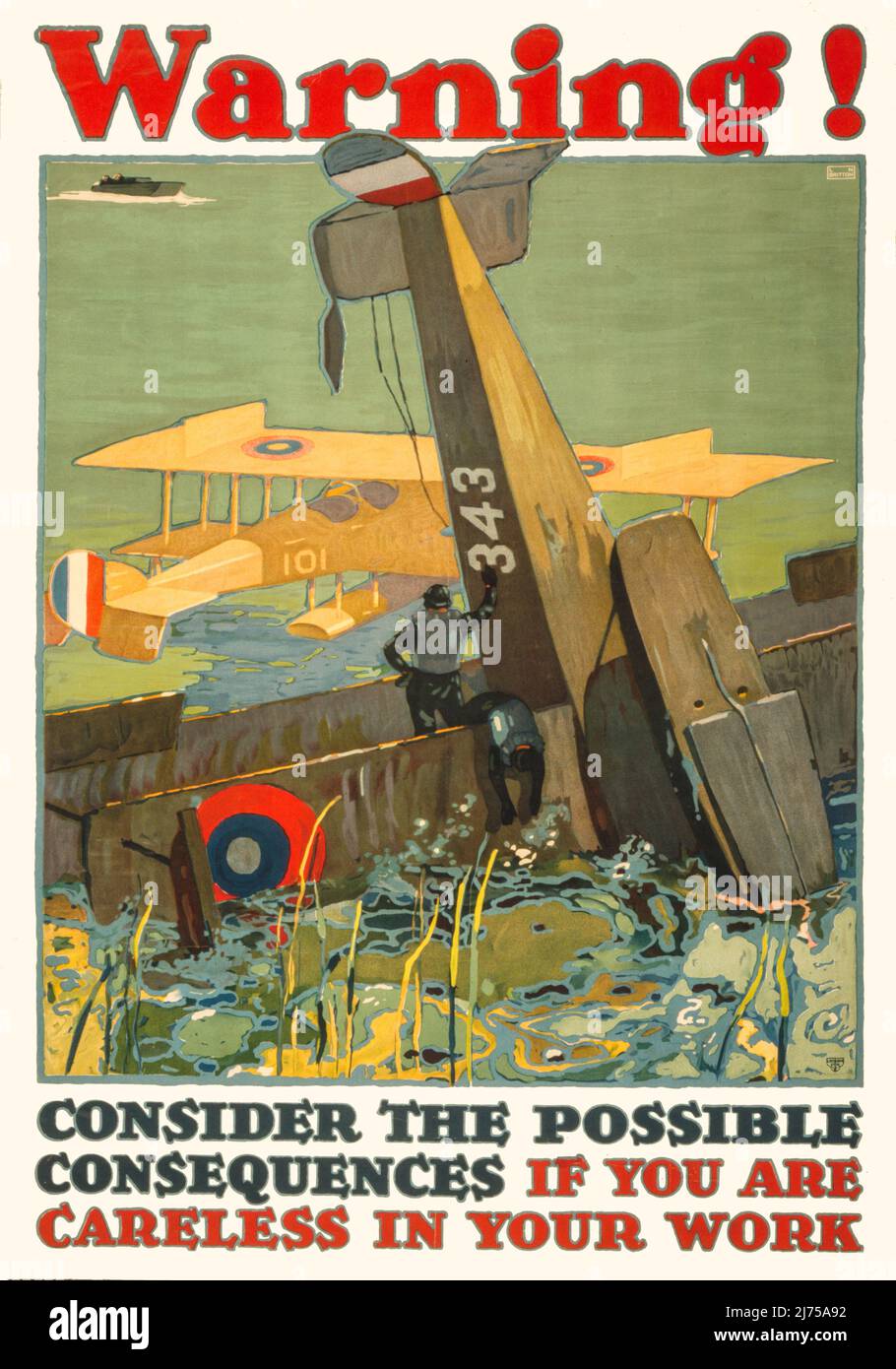 An early 20th century American educational poster from World War One, 1914-1918, showing an airplane crashed in the ocean, with survivors and a rescue plane. 1917.  The artist is L.N.Britton (1858 - 1934) Stock Photo
