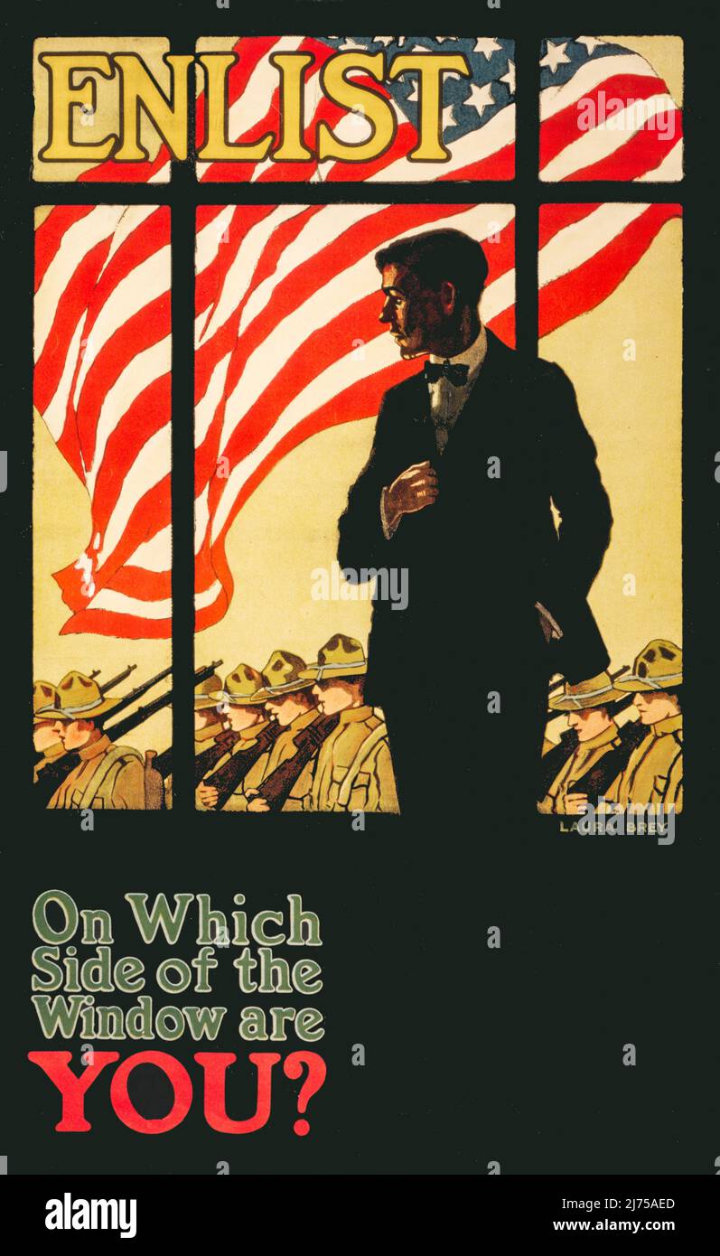 An early 20th century American recruitment poster from World War One, 1914-1918, showing a man looking out window at troops marching with large American flag. 1917. The artist is Laura Brey. Stock Photo