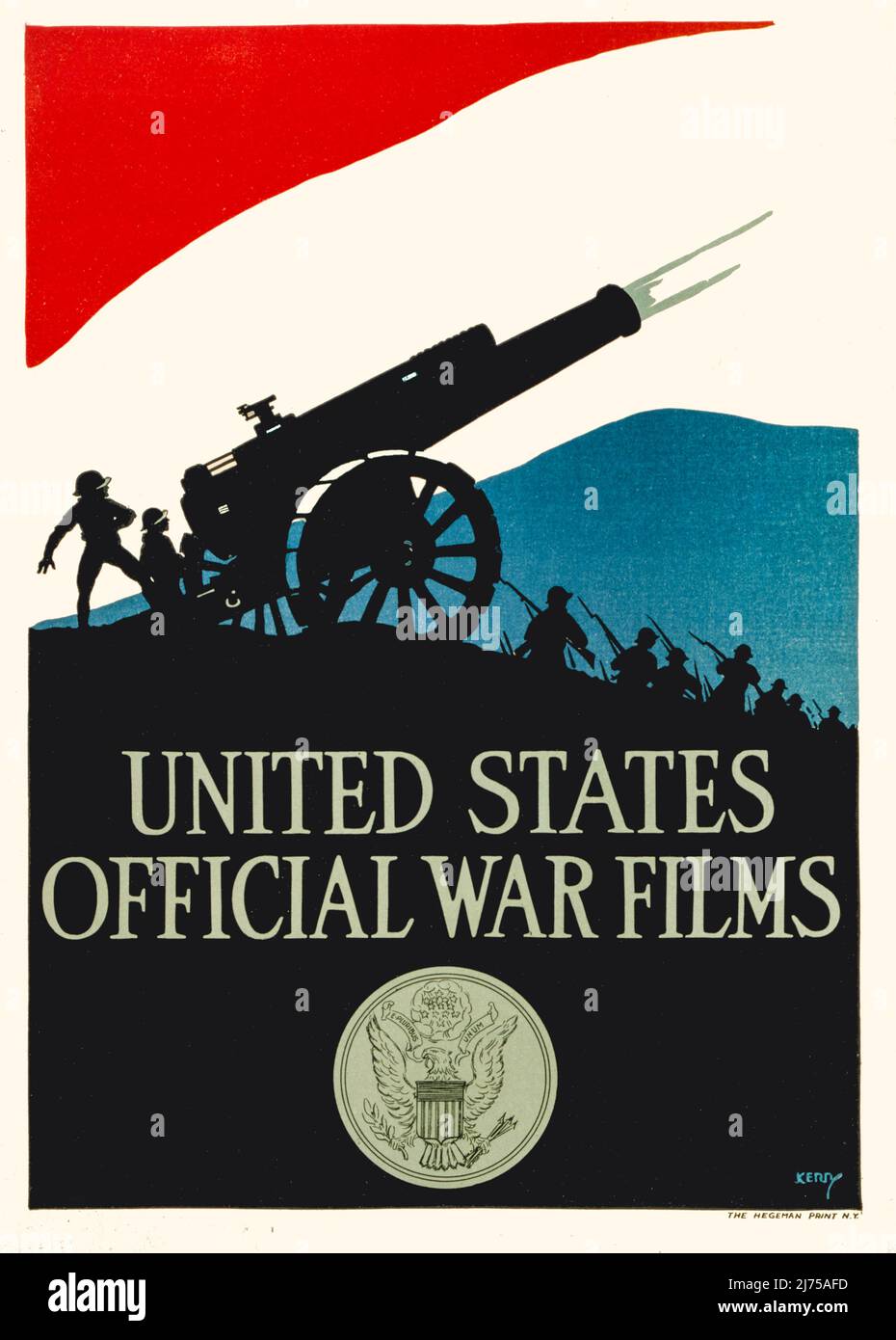 An early 20th century American advertising poster from World War One, 1914-1918, for official war films. The illustration shows silhouettes of soldiers, firing a cannon against a red, white, and blue sky, with the United States seal below. The artist is unknown. Stock Photo