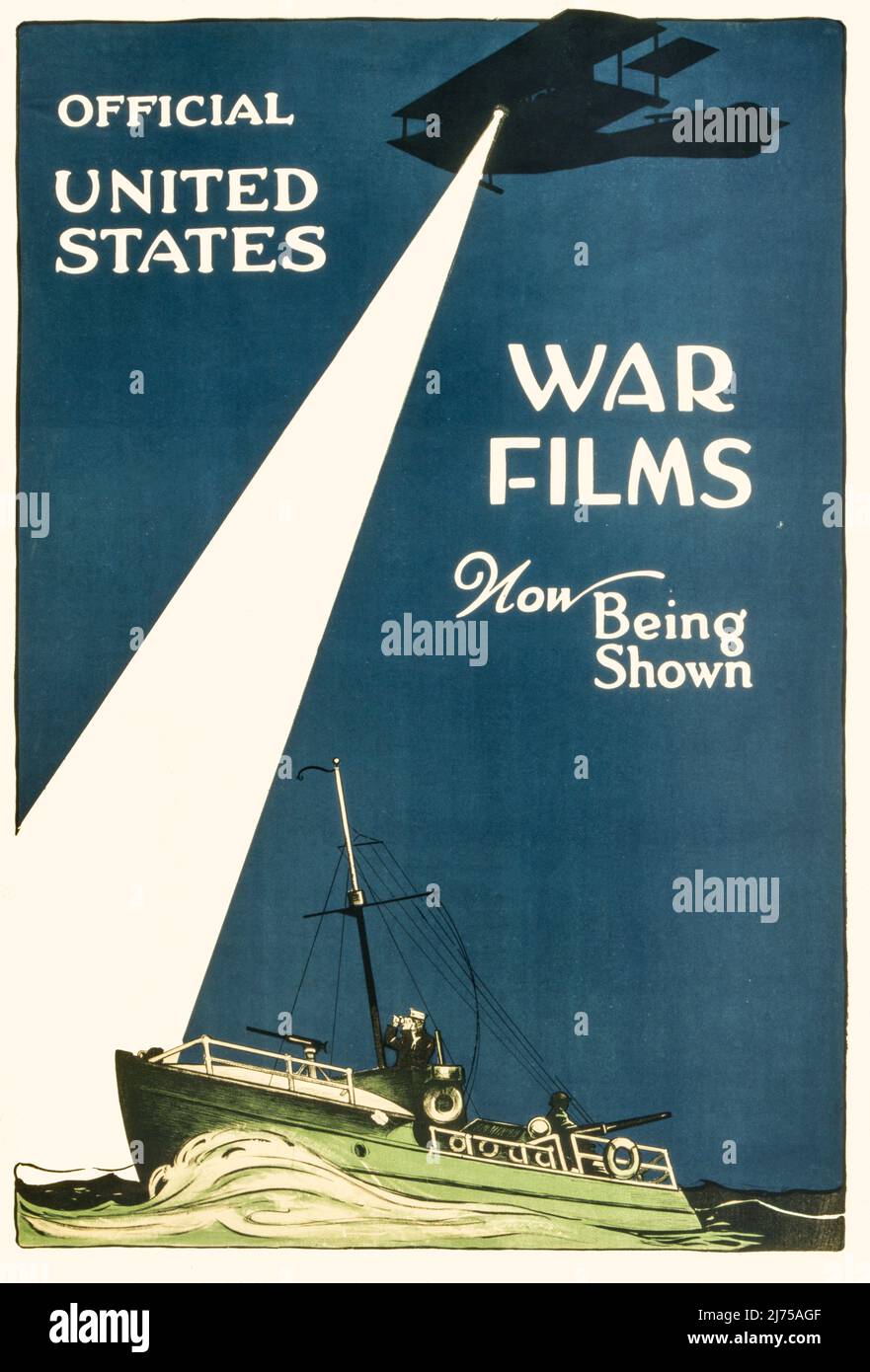 An early 20th century American advertising poster from World War One, 1914-1918, showing   patrol boat, and an airplane shining a searchlight on the sea. The artist is unknown. Stock Photo