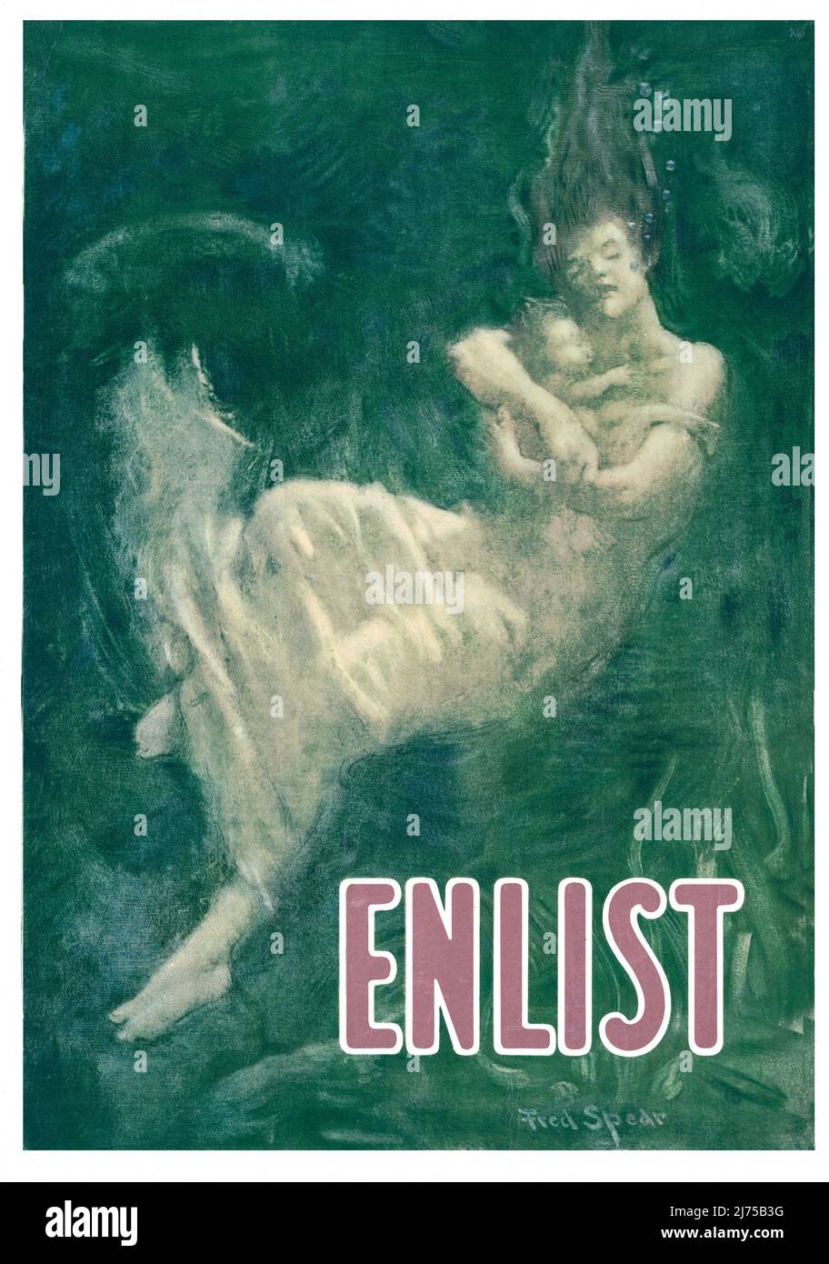 An early 20th century American poster from World War One, 1914-1918, showing a woman passenger from the Lusitania, submerged in water cradling an infant in her arms. The artist is Fred Spear. Stock Photo