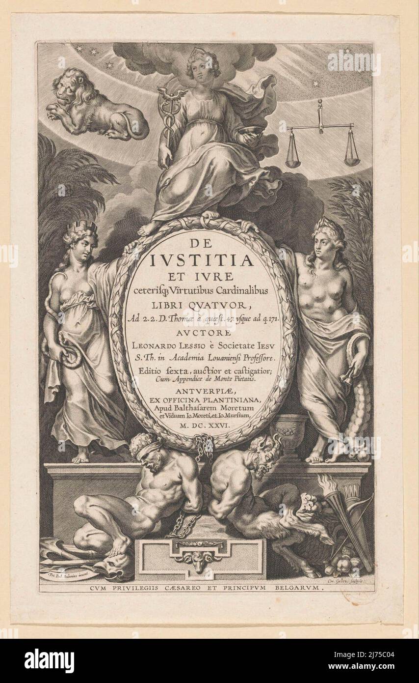Allegorical title page with enthroned AstraeaTitle page for: L. Lessius ...