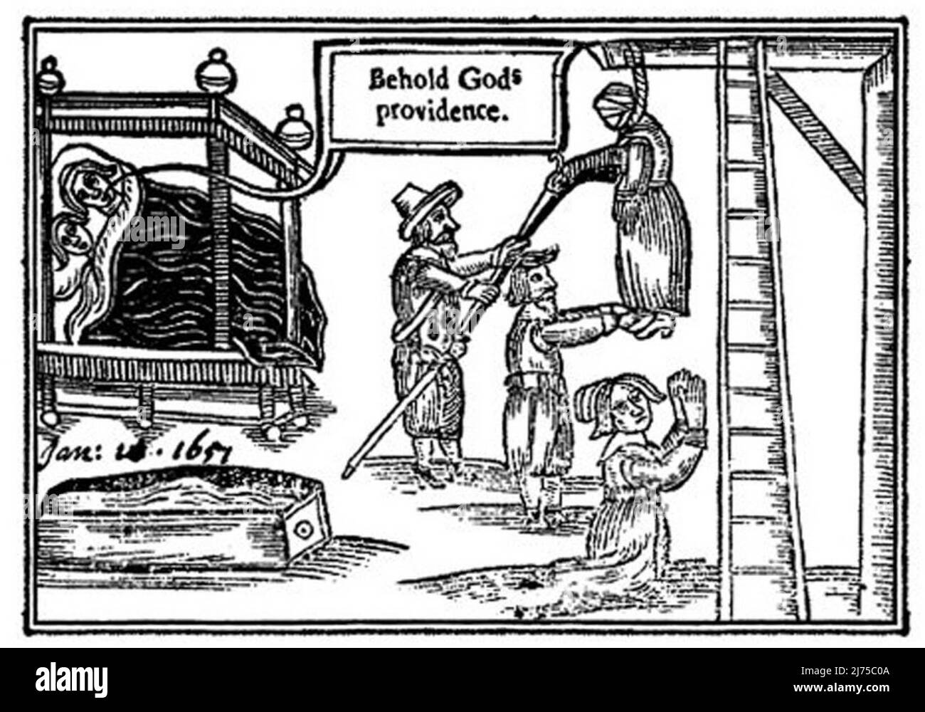 Woodcut from A Wonder of Wonders (1651) depicting the hanging of Anne Greene Stock Photo