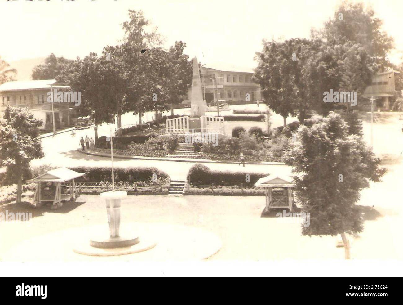 Old Plaza Rizal and Plaza Misericordia, opposite Santa Isabel Cathedral, old City Hall (Provincial Capitol) atop the hill in the background. Stock Photo