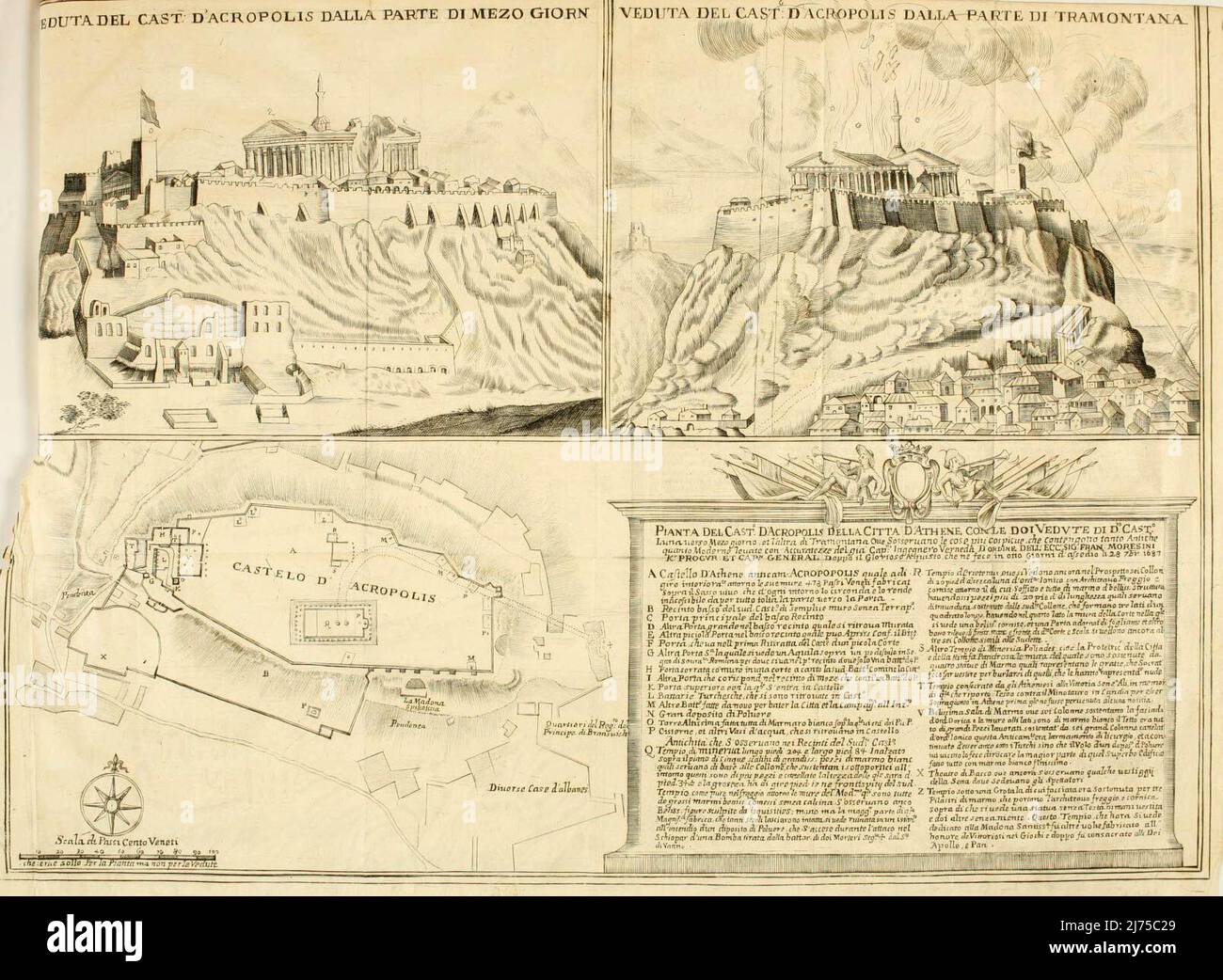 Plan of the Acropolis Castle in Athens. Print taken from: Attic Athens, described by its principles until the purchase made by the Venetian arms in 1687 Stock Photo