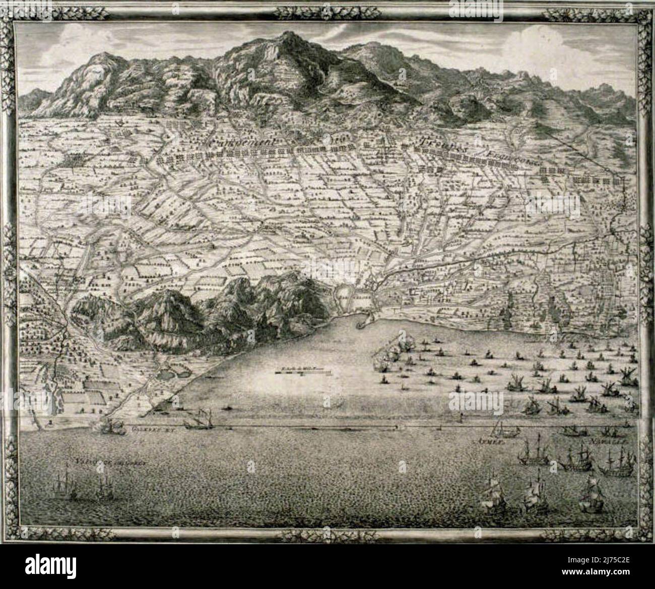 Map of the siege of Barcelona in 1697 where you can see the city, the mountain of Montjuïc and Tibidabo Stock Photo
