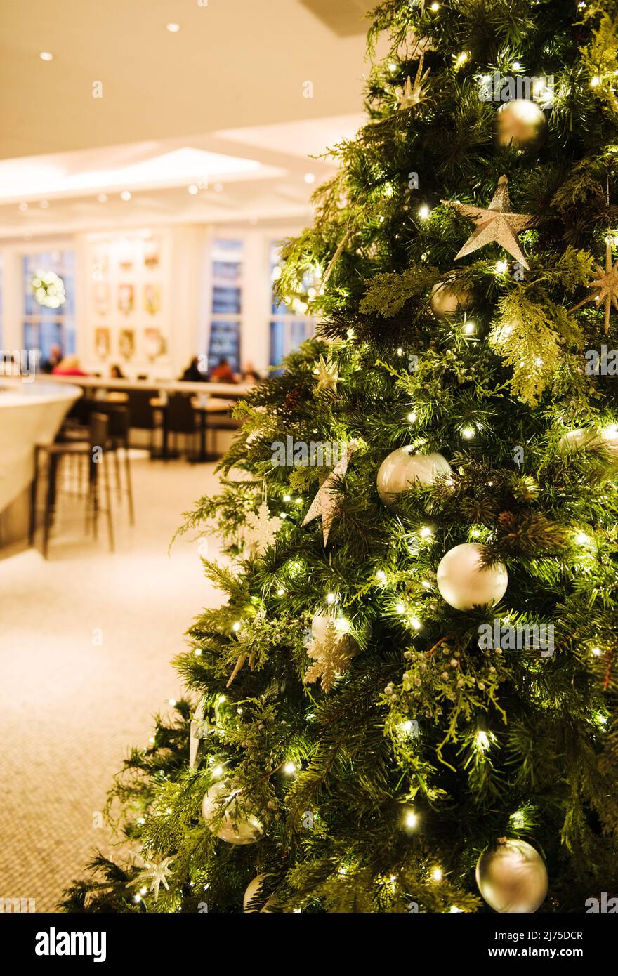 Restaurant interior decorated at christmas time Stock Photo