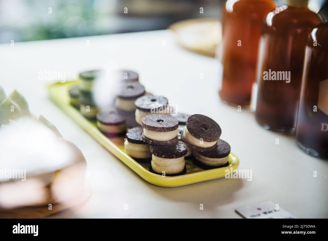 Gourmet cookies with chocolate filling. Stock Photo