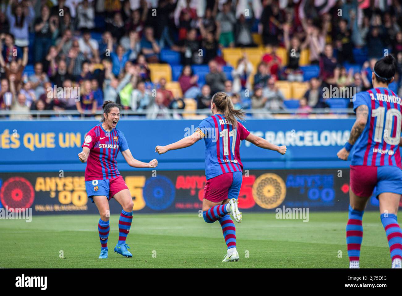 Irene Paredes (R) and Marta Torrejon (L) of FC Barcelona celebrate a goal  during the UEFA Women's Champions League match between FC Barcelona Femeni  and VfL Wolfsburg Women at Camp Nou. Final