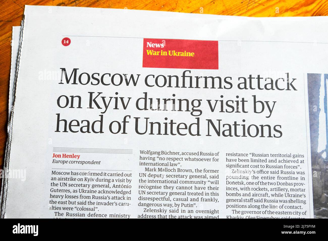 'Moscow confirms attack on Kyiv during visit by head of United Nations' Guardian newspaper headline Ukraine war clipping on 29 April 2022 London UK Stock Photo
