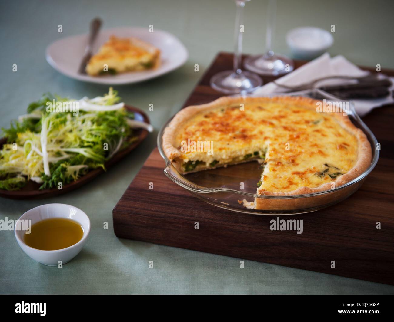 Asparagus Quiche in a Baking Dish; Side Salad Stock Photo