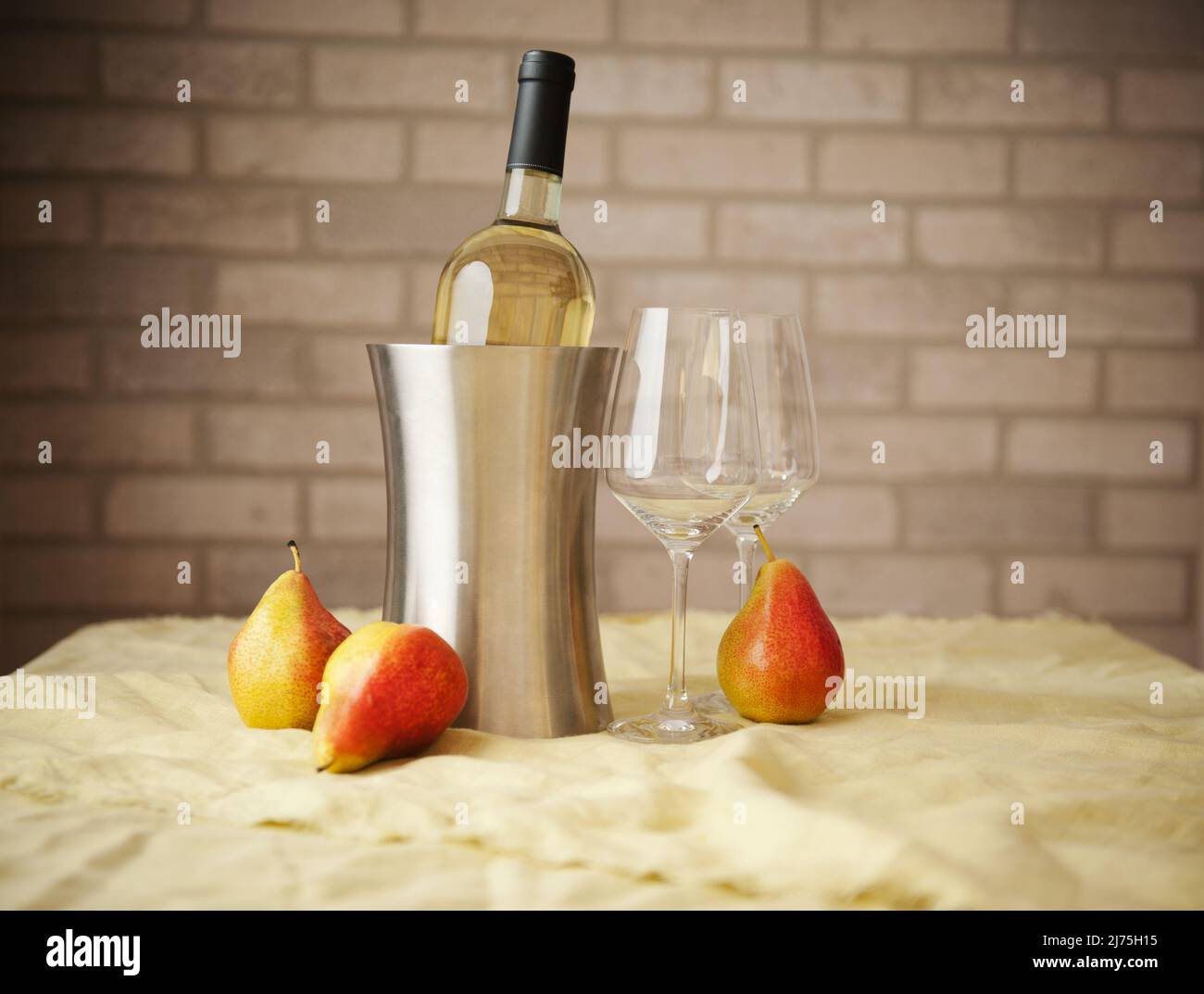 Bottle of white wine in wine cooler Stock Photo