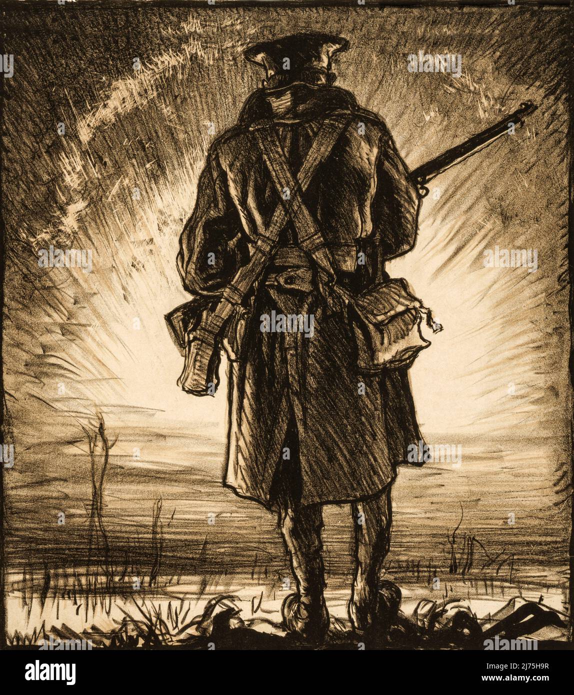 A detail from a British poster, 1915, appealling for contributions to the National fund for the Welsh troops. The illustration shows a soldier facing a bright light on the horizon, possibly an explosion or dawn. The artist was Frank Brangwyn (1867-1956). Stock Photo