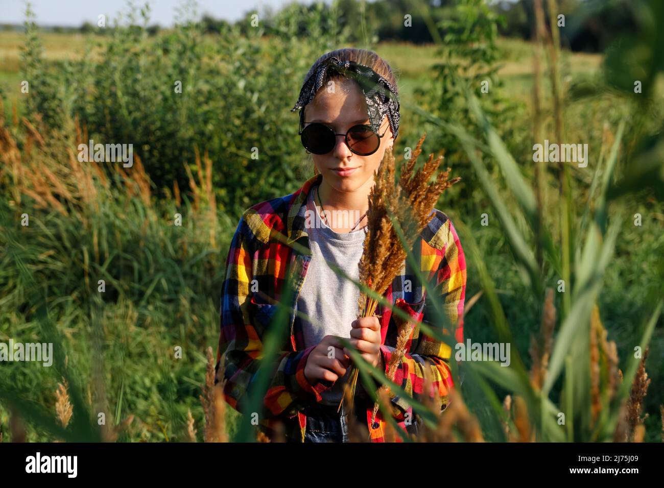 Defocus teen or preteen girl walking on nature background. Little kid girl making bunch of pampas grass. Blurred reed on foreground. Hipster Stock Photo