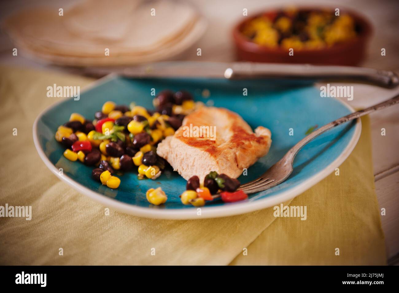 Chicken Fajita Plate; Chicken, Black Bean and Corn Salsa and Tortillas