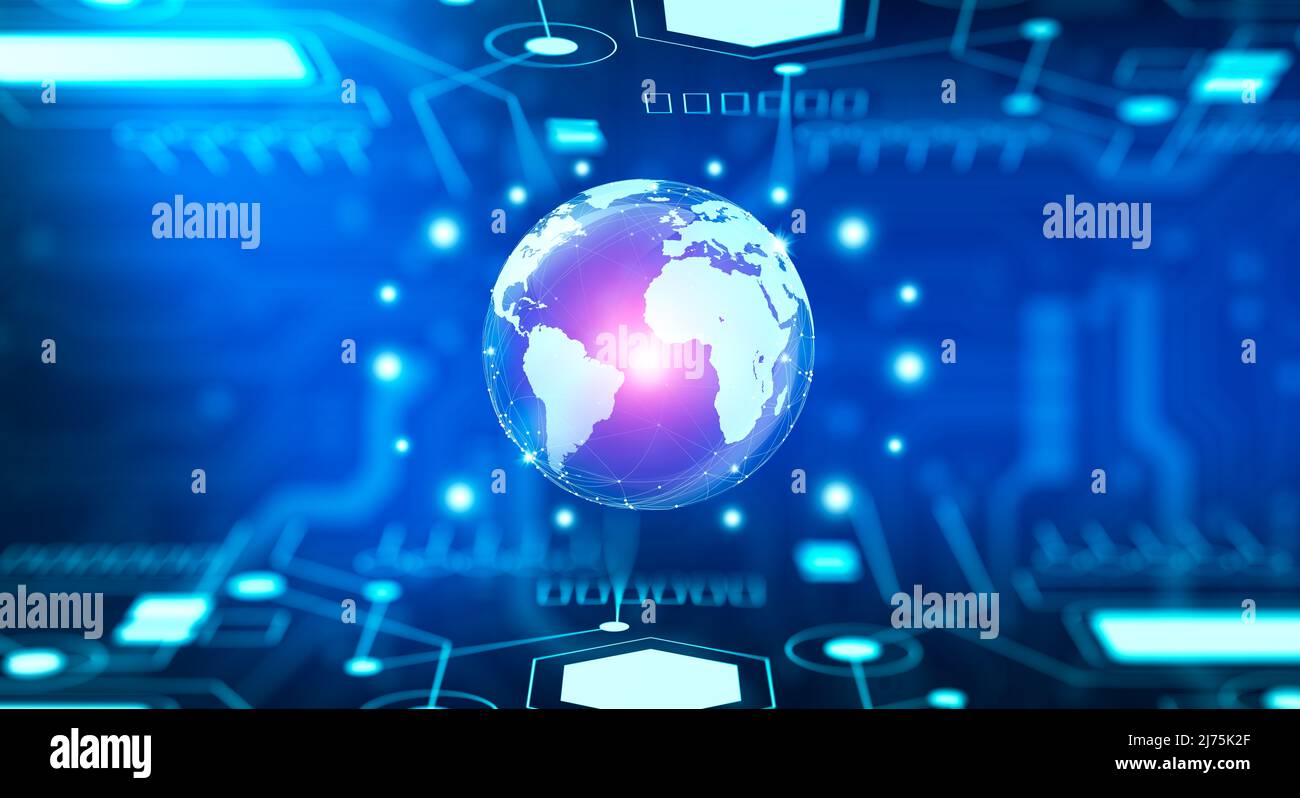 Digital world and Convergence technology with Abstract Blue Background. Future of the internet and mixed media. Global Social Network and Business Con Stock Photo