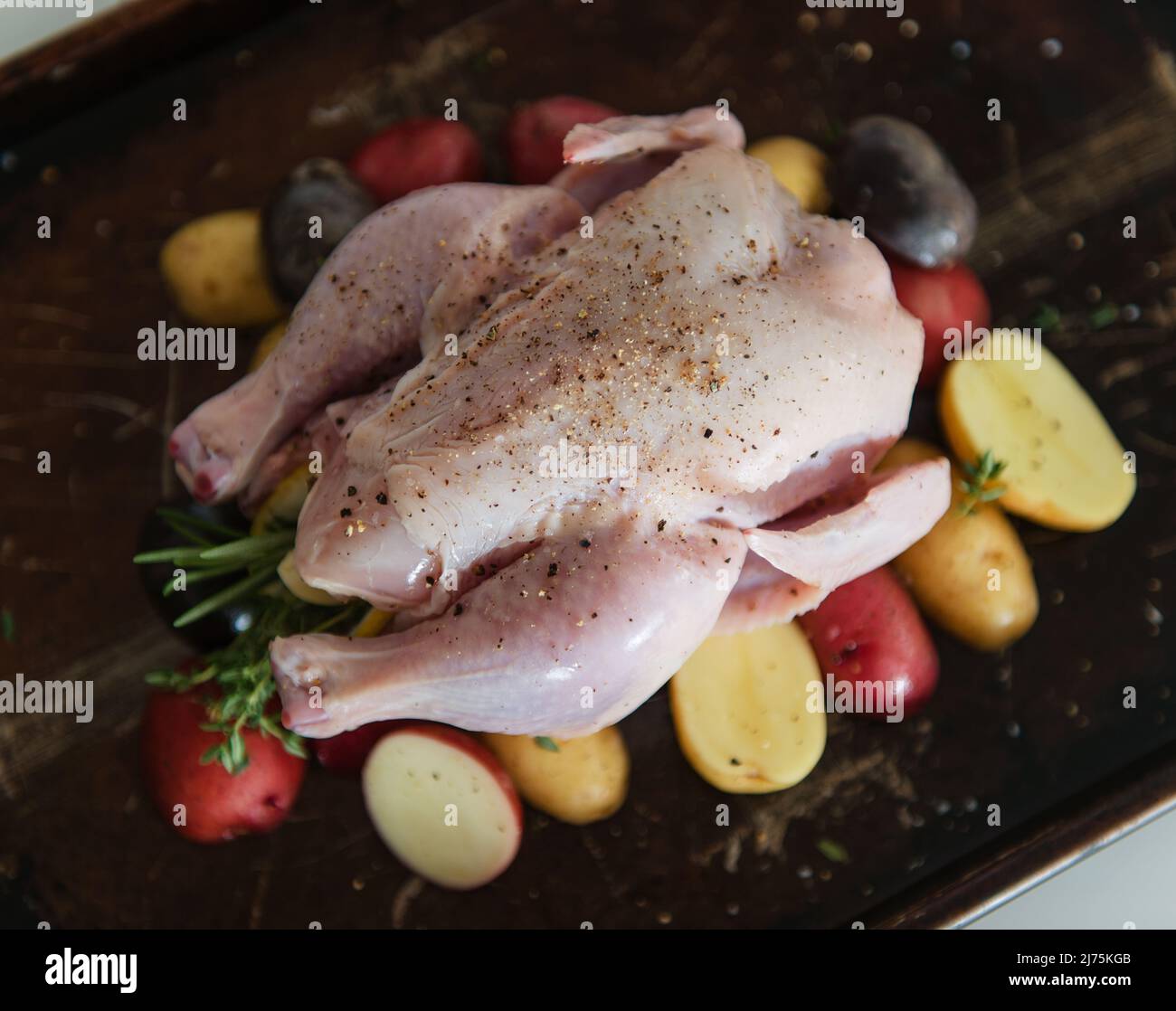 Herb and Lemon Stuffed Game Hen on a Bed of Potatoes in a Roasting Pan Stock Photo