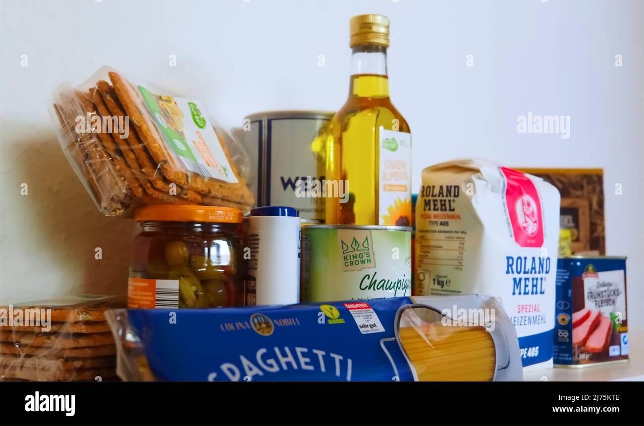 Shopping cart with longlife German groceries Stock Photo Alamy