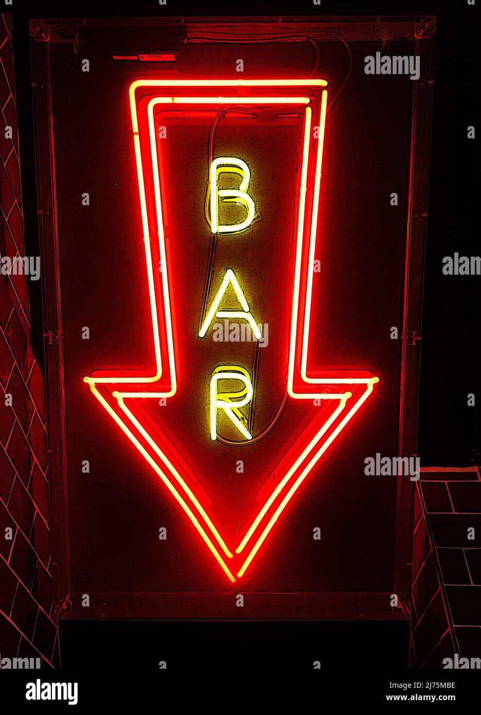 Digital art of a illuminated neon bar sign, set in an arrow, pointing down. Suit magazine, editorial, book, concept art for pubs/hospitality industry. Stock Photo