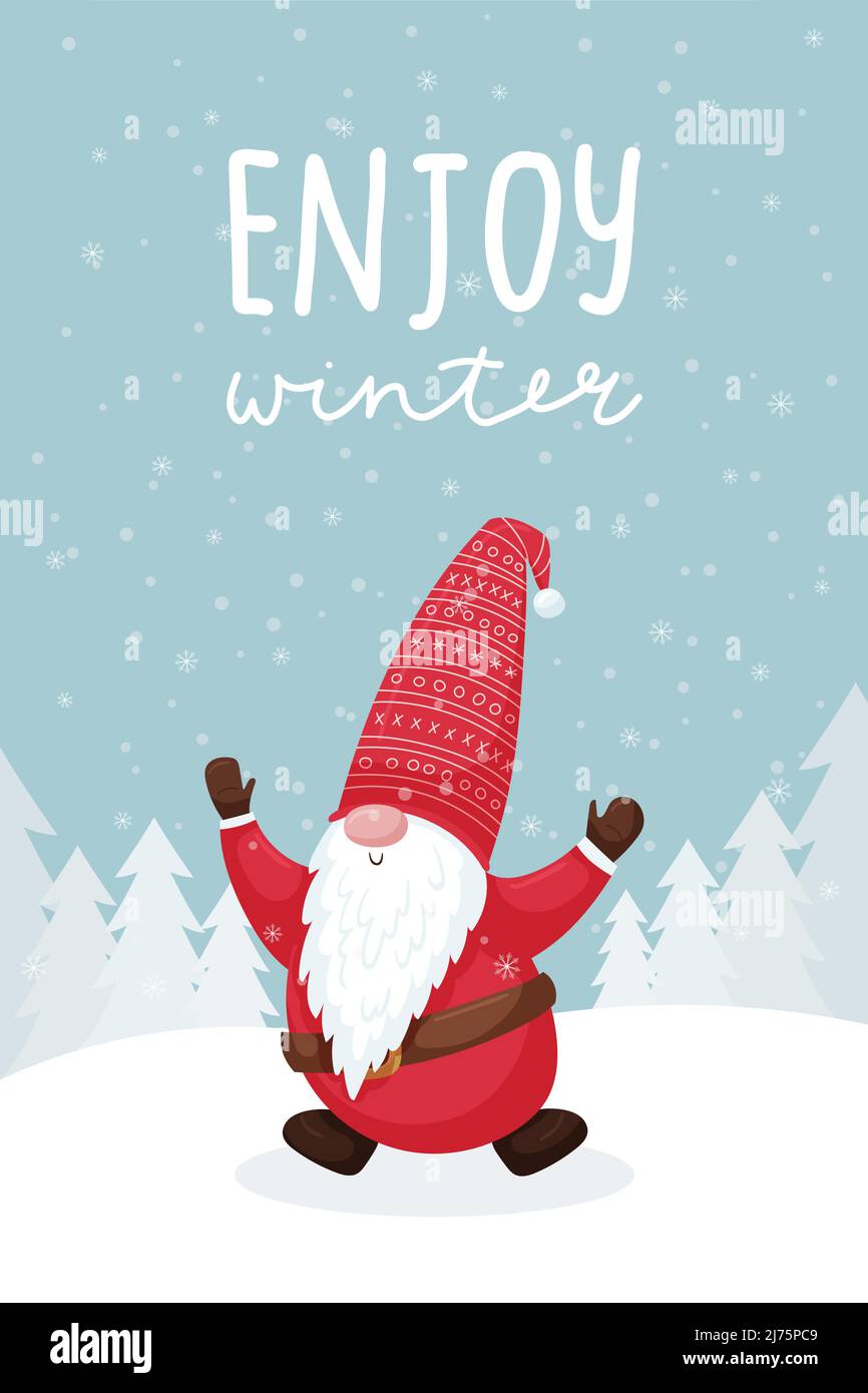 Christmas greeting card with a smiling bouncing, dancing gnome in a red hat. Winter forest, snowy landscape. Lettering hand - Happy New Year. Cute fla Stock Vector