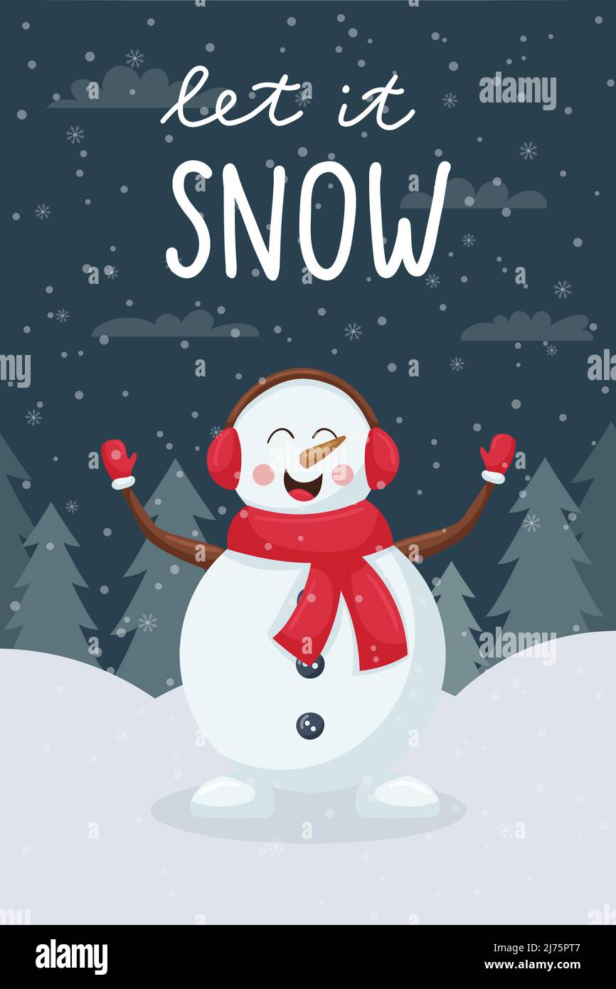 Christmas greeting card. A snowman juggles snowballs in a winter forest at night. Snow-covered landscape. Hand lettering - Let it snow. Cute flat cart Stock Vector