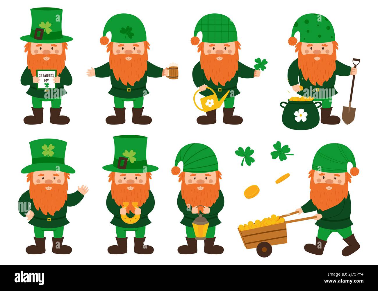 A collection of little gnomes with a red beard and a green hat holding a horseshoe, beer, a horseshoe, a lantern, gold coins. Cards with small dwarfs Stock Vector
