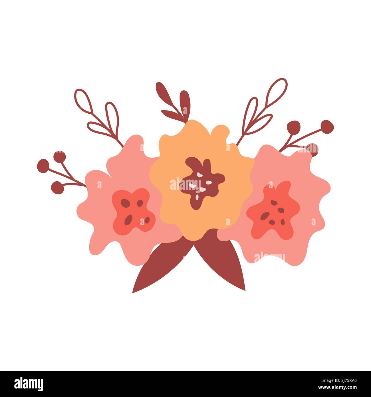 A simple floral arrangement with abstract yellow and pink flower buds, leaves and twigs. Vector botanical illustration isolated on a white background Stock Vector