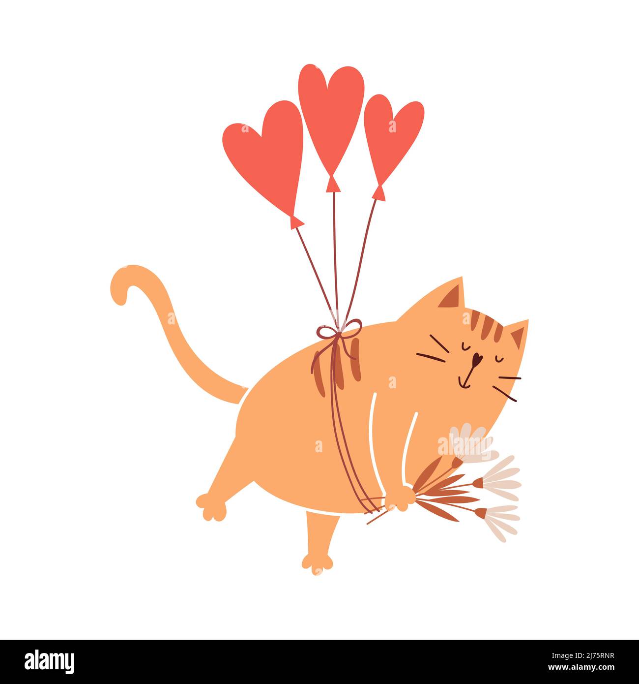 Cute cartoon cat flies on balloons in the shape of a heart and holds a bouquet of flowers in his paws. A simple adorable character for Valentine's day Stock Vector