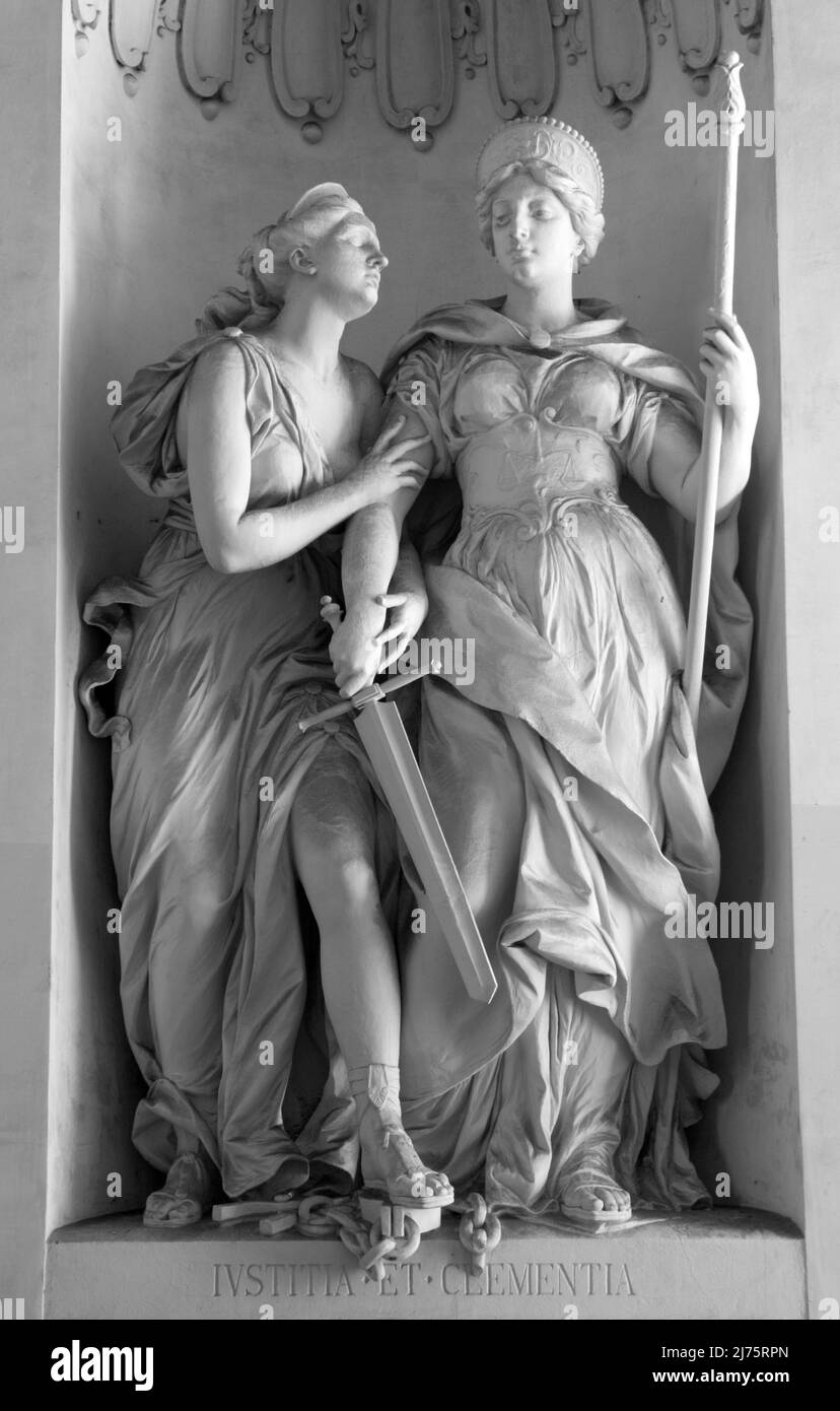 Vienna - The statue of virtues (Justitia et Clementia) in Michaelertrakts from 19. cent. Stock Photo