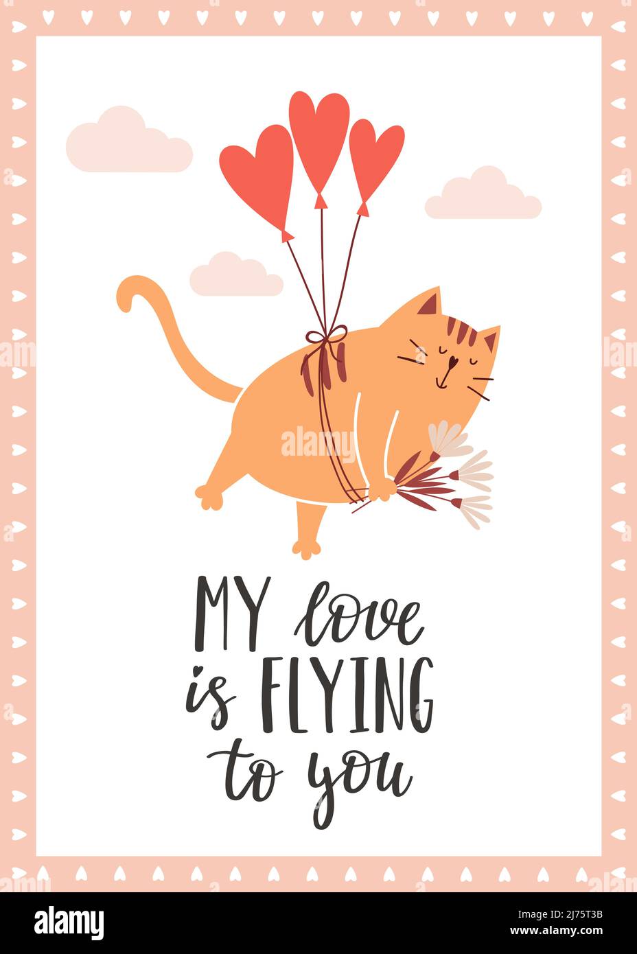 A greeting card with a cute cat flying on heart-shaped balloons and holding flowers in its paws. The handwritten phrase Love is in the air. Cartoon Stock Vector