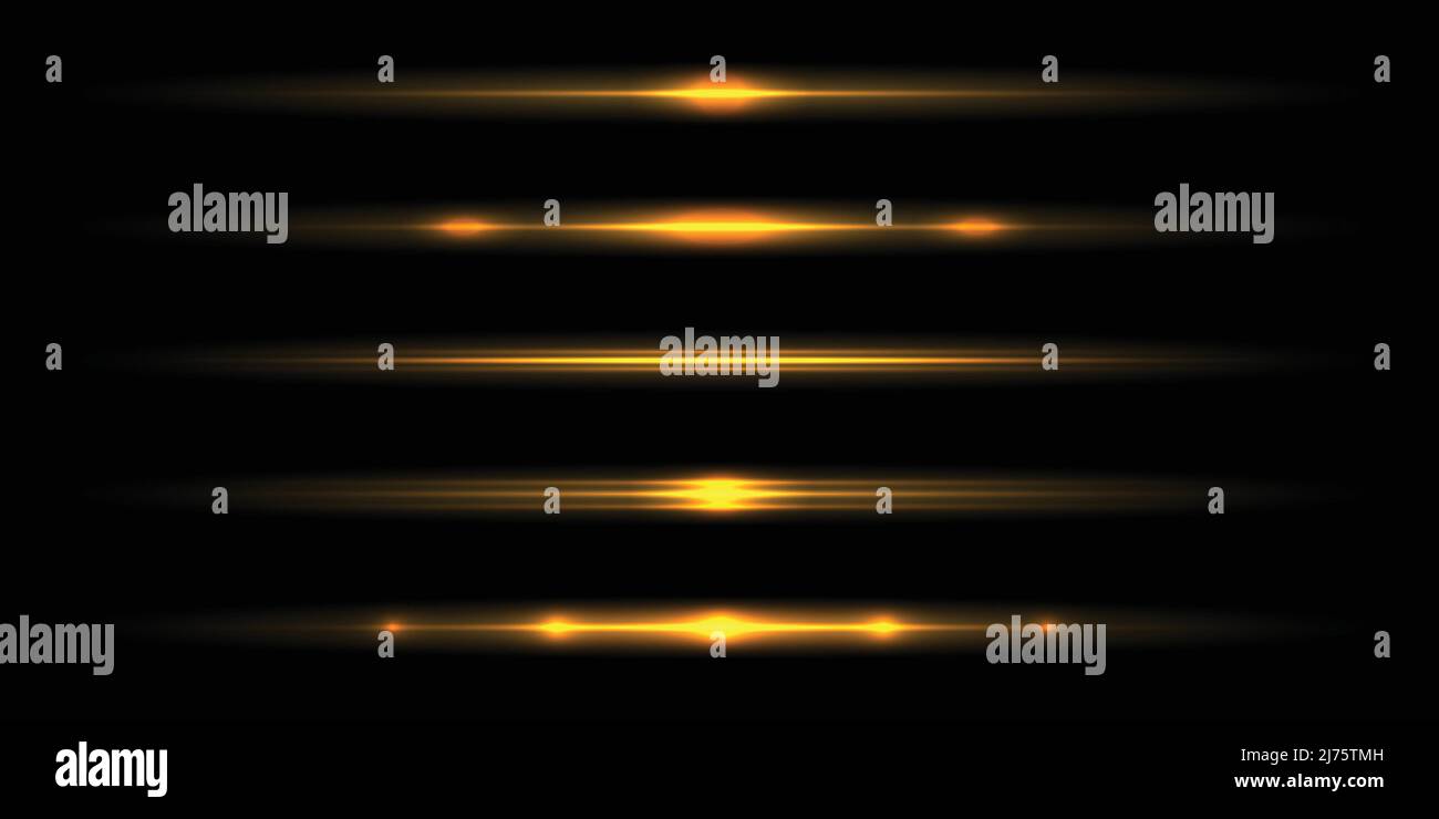 Set of golden lens flares. Glow light effect on black background Stock ...