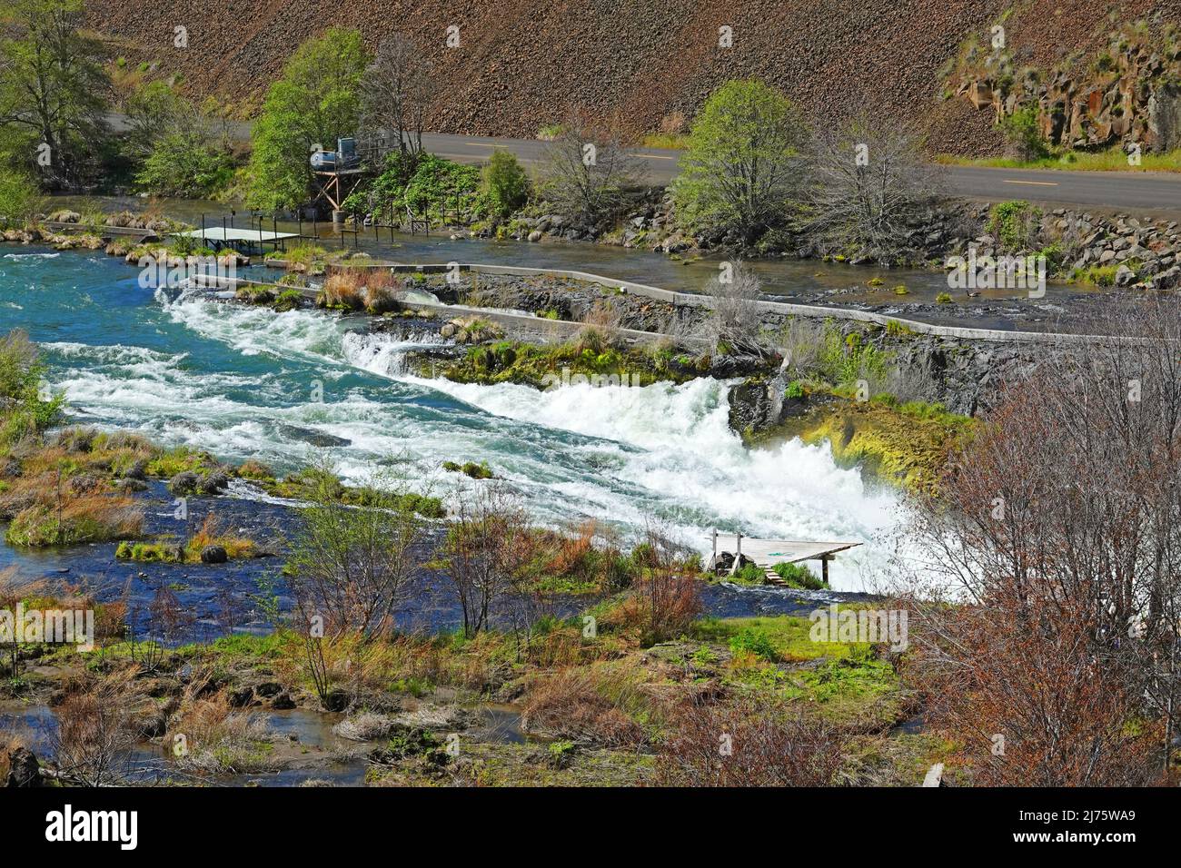 A view of Sherars Falls on the Deschutes River in Central Oregon. Stock Photo