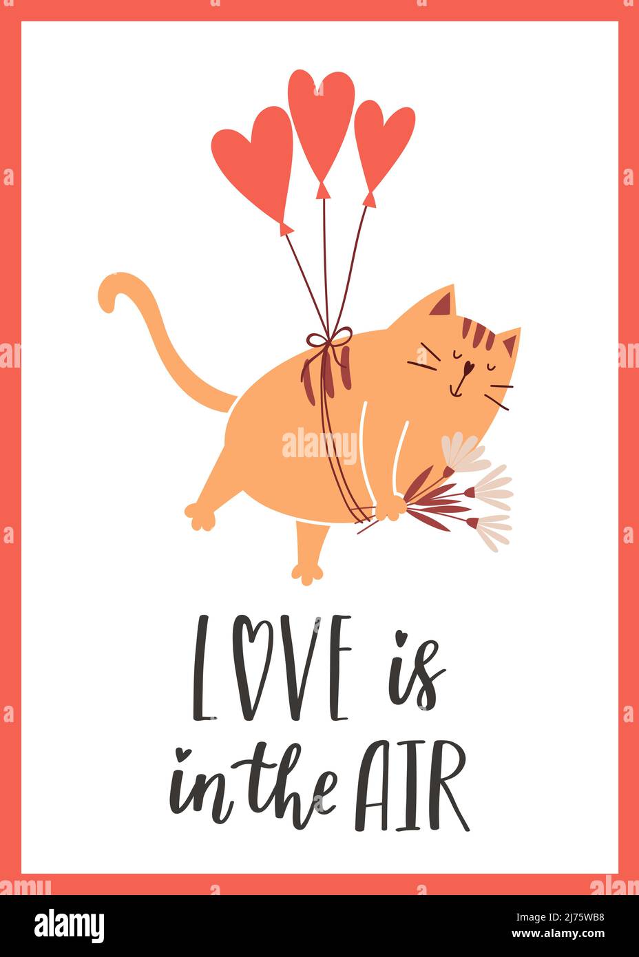A greeting card with a cute cat flying on heart-shaped balloons and holding flowers in its paws. The handwritten phrase Love is in the air. Cartoon ve Stock Vector