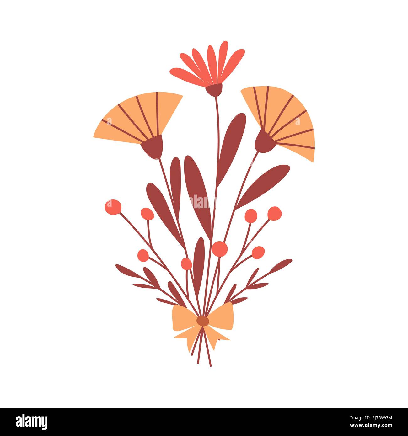 A simple floral arrangement with flowers and a bow. A bouquet with abstract yellow and red flowers, twigs and berries. Vector botanical illustration i Stock Vector